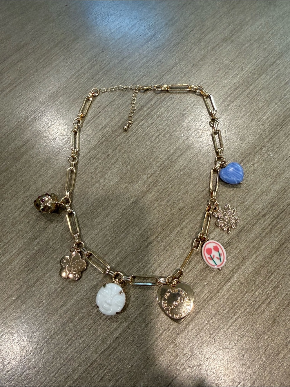 Universal Thread Gold Tone Charm Necklace Paper Clip Link Varied Charms Lobster